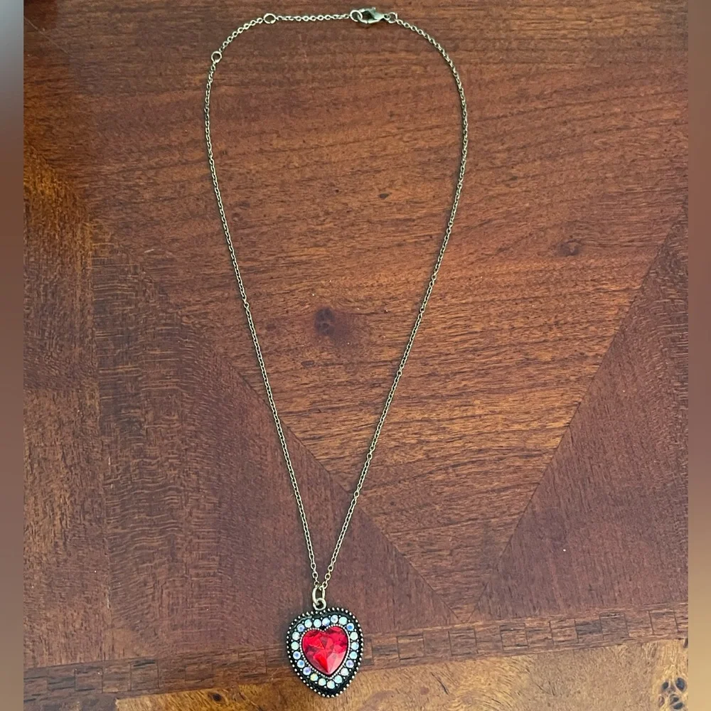 Red Heart Rhinestone Heart Iridescent Antique Gold Boho Valentine’s Day Necklace - Picture 5 of 10